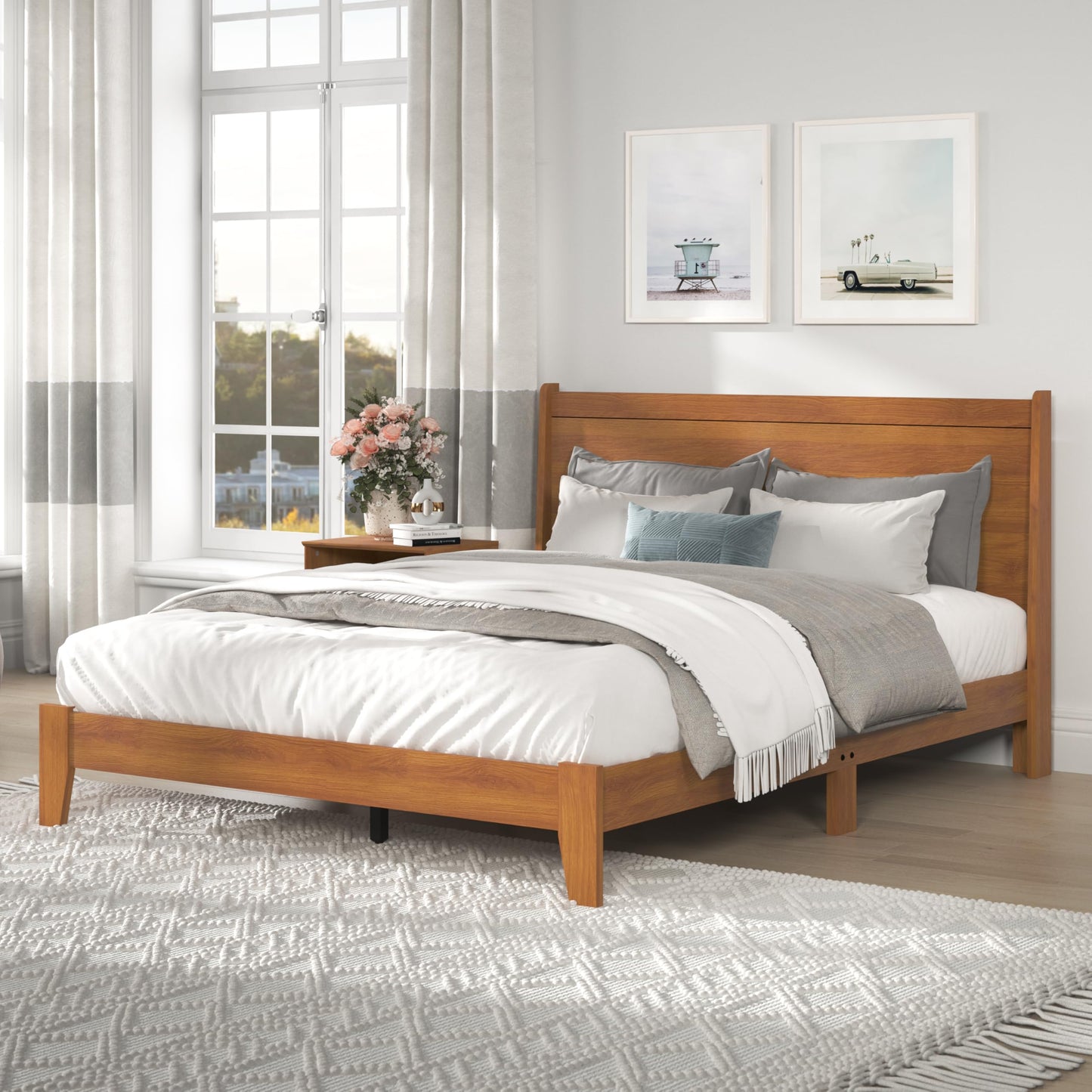 Galano Abby Retro Wood Platform Queen Bed Frame with Headboard, 60'' x 80'' Mattress Foundation with Wood Slat Support, No Box Spring Needed, 64.0" L x 83.6" W x 40.1" H, Amber Walnut