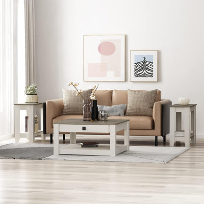 Galano Philia Square Modern Top Coffee Table with Storage Drawer, 2 Tier Center Table for Living Room, Office, Balcony, 31.5" D x 31.5" W x 16.3" H, Ivory Knotty Oak