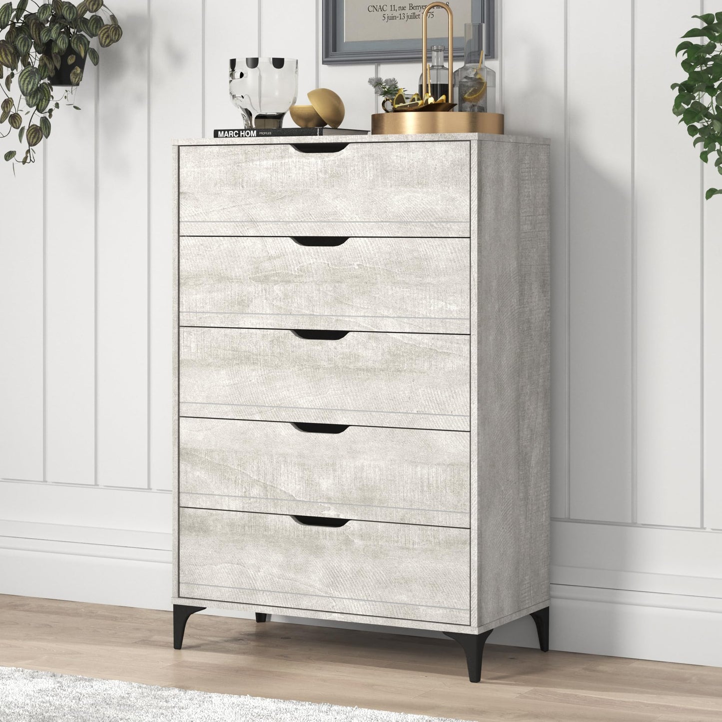 Galano Elis Wooden 5 Drawer Dresser for Bedroom with Interlock, Modern Storage Chest for Nursery and Children Room, 15.8" D x 31.5" W x 47.2" H, Dusty Grey Oak