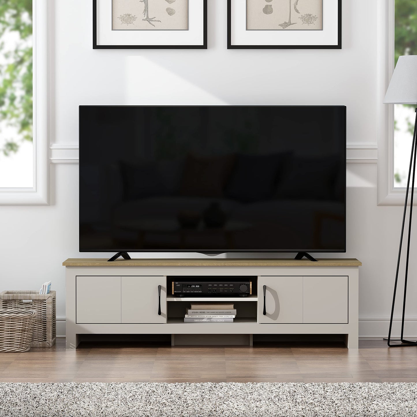 Galano Limestone Wide TV-Möbel, Entertainment-Center für Fernseher bis zu 65 Zoll, 150 cm TV-Möbel mit 2 Türen (Hellgrau) (FG-LR-PU-7-415-RV-UK)