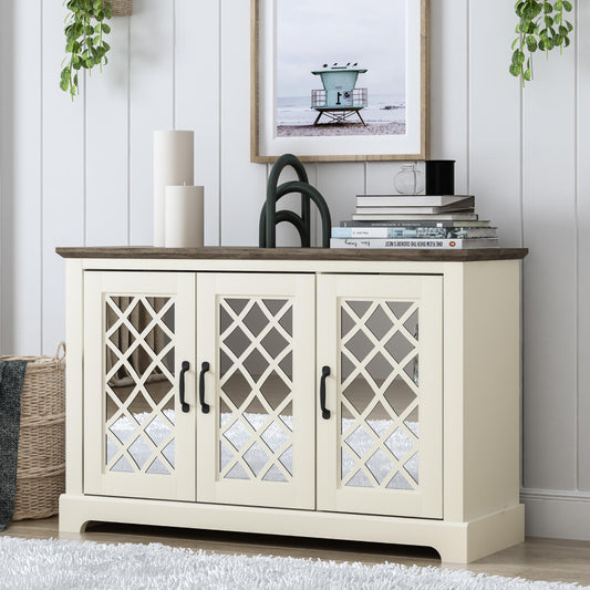 Galano Millicent 3 Door Sideboard with Acrylic Mirrors, Kitchen Buffet Cabinet, Farmhouse Coffee Bar Display Cabinet for Home Kitchen, Living Room, Dining Room and Hallway, Ivory Knotty Grey Oak