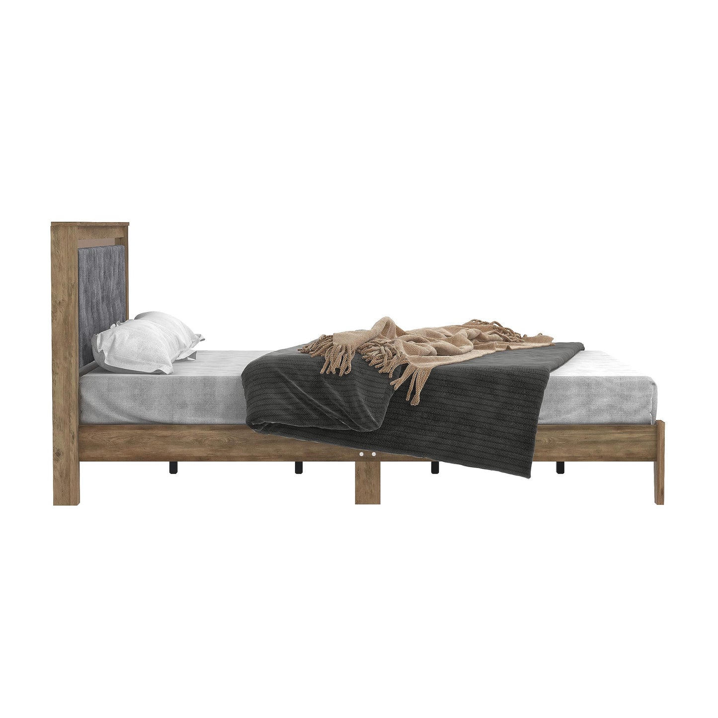 Galano Diwata Queen Size Bed Frame with Cushioned Headboard & Wooden Slats Support, Mattress Foundation, No Box Spring Needed, 64.64" L x 85.94" W x 39.57" H, Knotty Oak