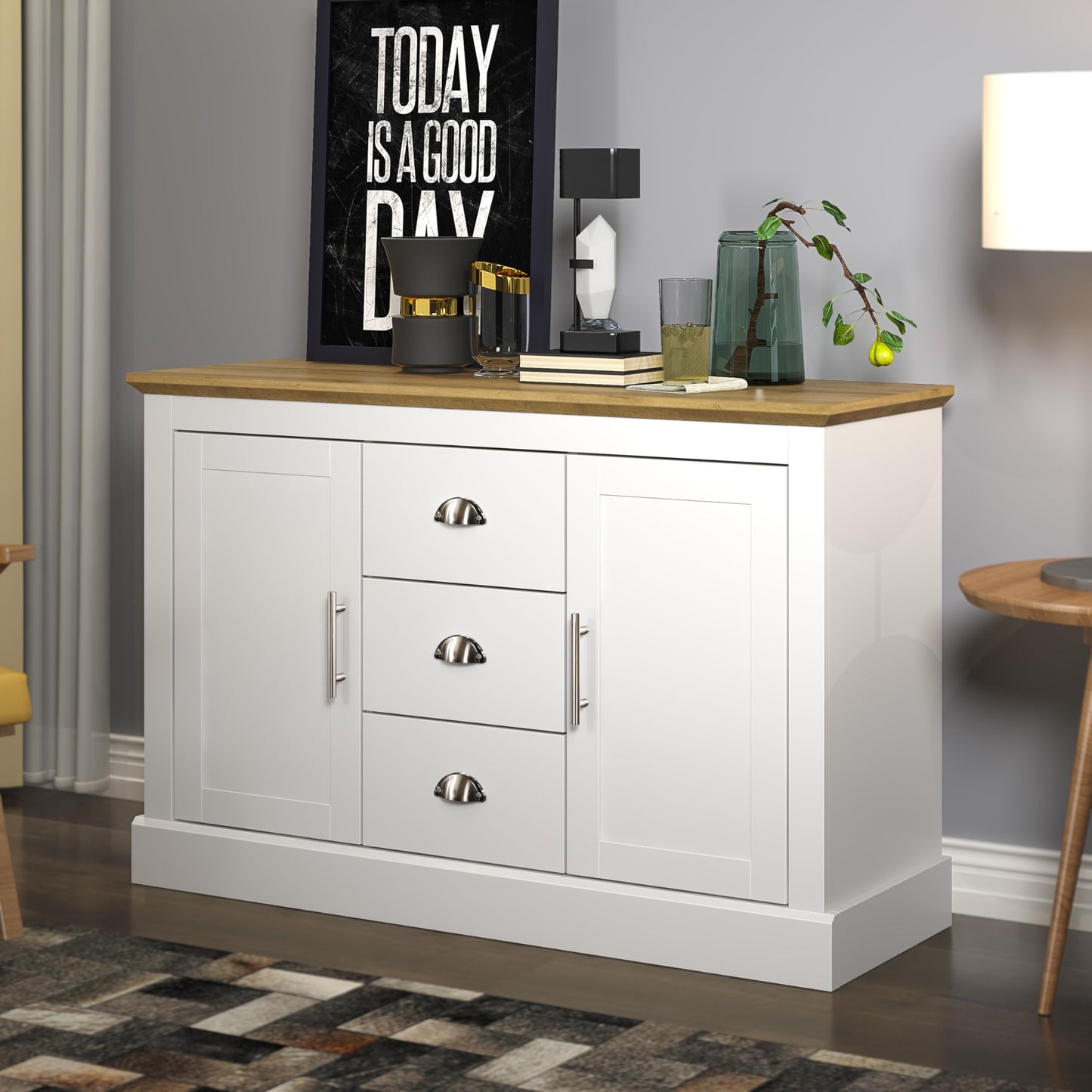 Galano Sufy 2 Door 3 Drawer Sideboard - Storage Cabinet with 2 Doors and 3 Drawers - Living Room & Hallway Storage Unit - D39.8 x W112.5 x H74.0cm (White)