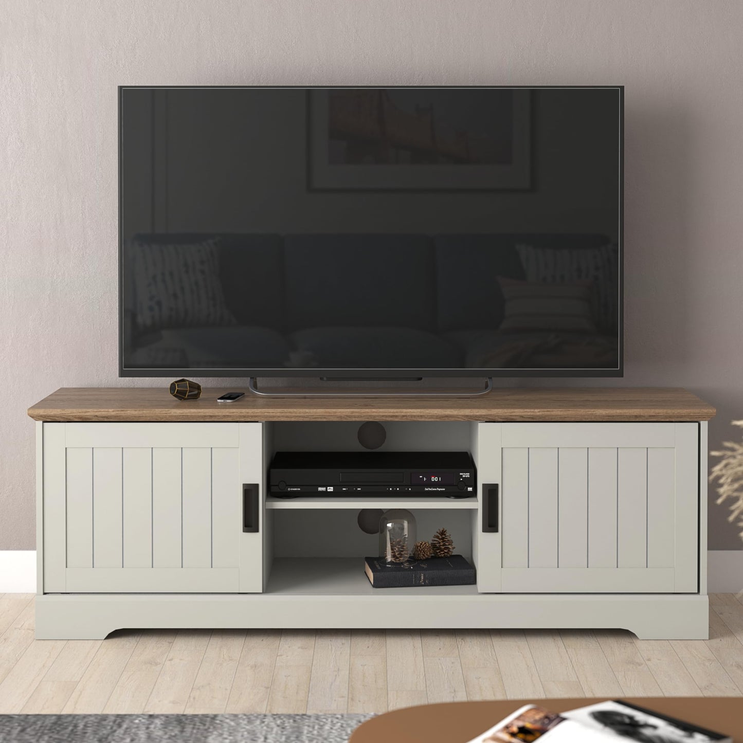 Galano Edison Wide TV Unit, Entertainment Centre for up to 65" TV, 150cm TV Unit with 2 Sliding Doors, TV Stand Cabinet for Living Room, Large Storage (Light Grey/Oak)