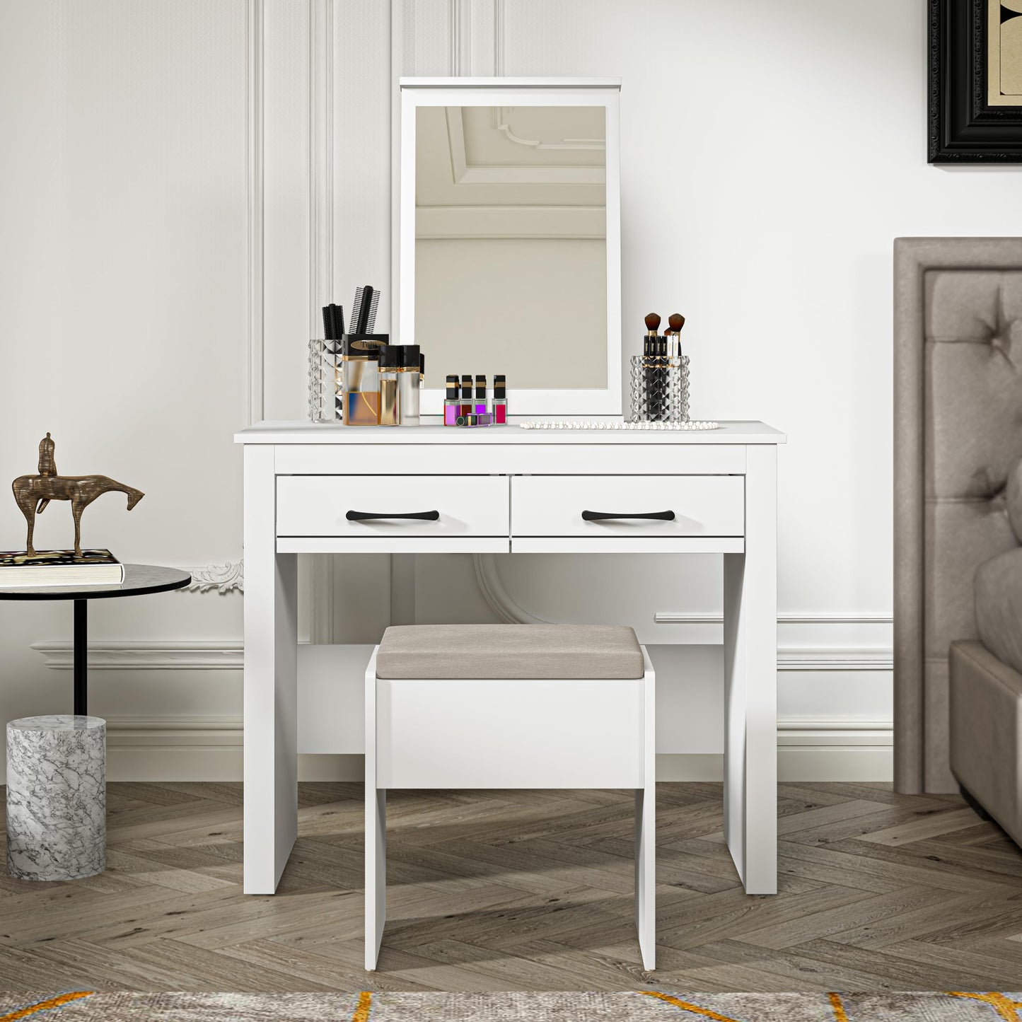 Galano Limestone Dressing Table with Mirror and Cushioned Stool - Bedroom Large Vanity Makeup Table with Drawer Storage – Console Table for Home Hallway and Living (Light Grey)