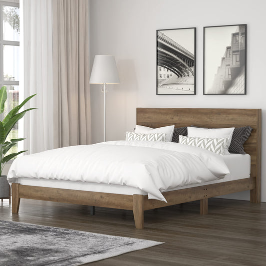 Galano Payne Wood Platform Queen Bed Frame with Headboard, Mattress Foundation with Wood Slat Support, No Box Spring Needed, 64.17" D x 85.31" W x 40.15" H, Knotty Oak