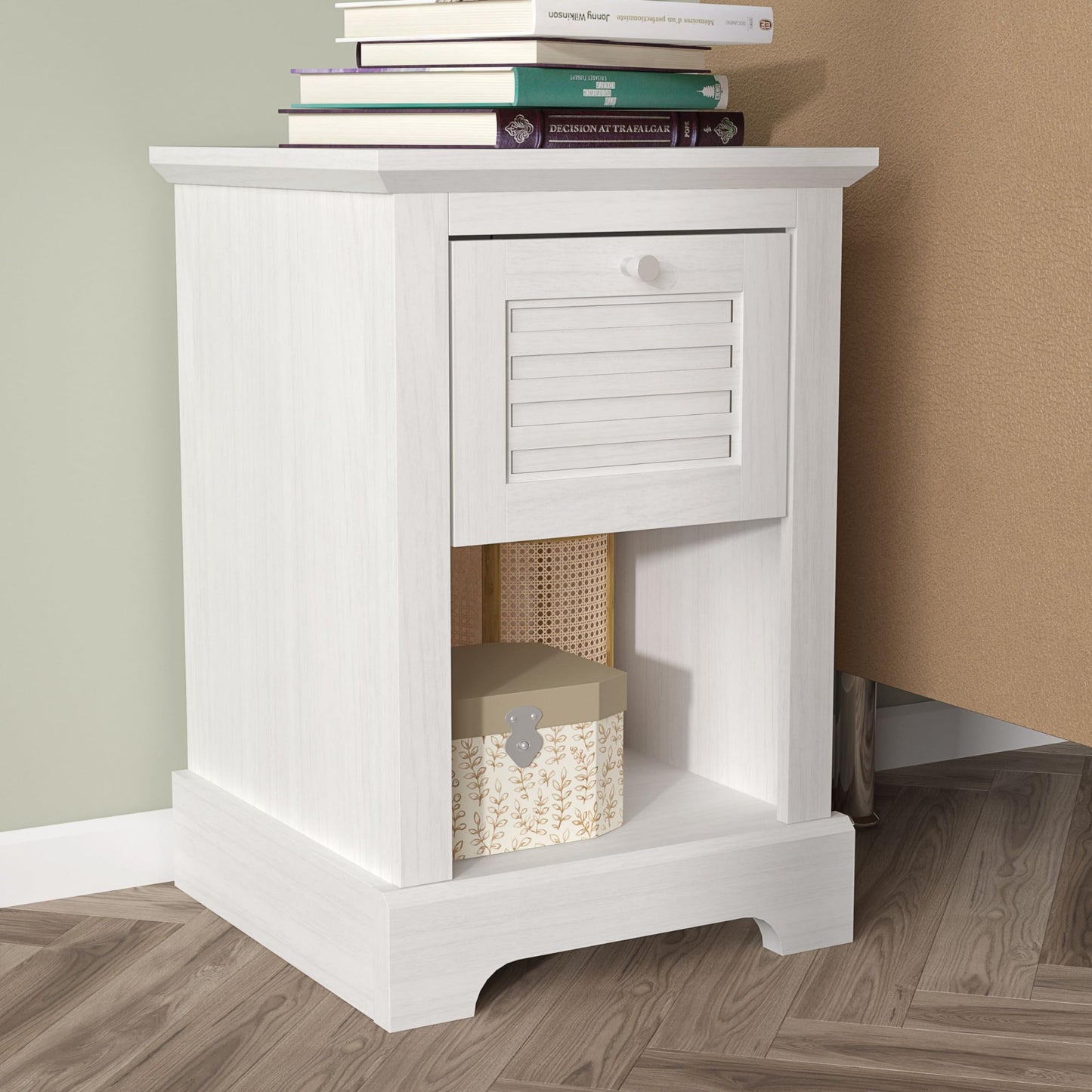 Galano Milan 1 Drawer Bedside Table - Stylish Side Table with Storage - Storage Cabinet for Hallway - Entryway or Bedroom (Pearl White Oak)