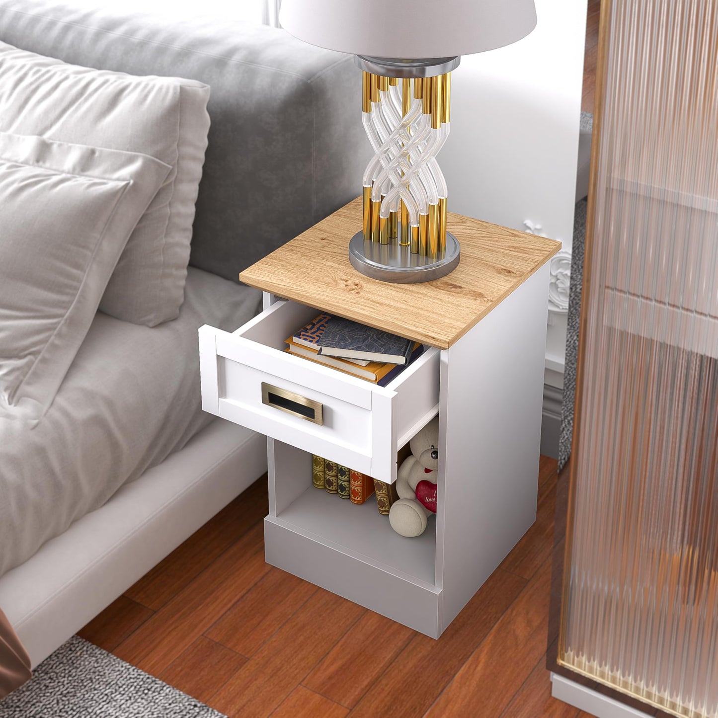 Galano Durban 1 Drawer Side Table - Modern Mirrored Lamp Table with Storage - Living Furniture - Organizers & Storage Cabinet for Hallway, Entryway (White/Oak)