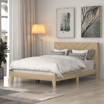 Galano Fiosoa Double Bed - Stylish Fishbone Design Bedframe with Headboard - Sturdy Bedframe for Adult with Wood Slat Support - Easy Assembly - Oslo Oak