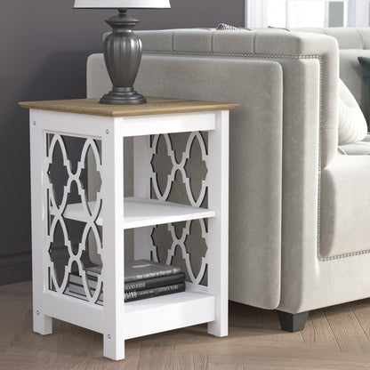 Galano Nova Side Table with Shelf- Modern Distressed Oak Finish - Bookshelf Cabinet for Hallway - Entryway - Foyer - Living Room - Bedroom - Space Saving (White/Oak)