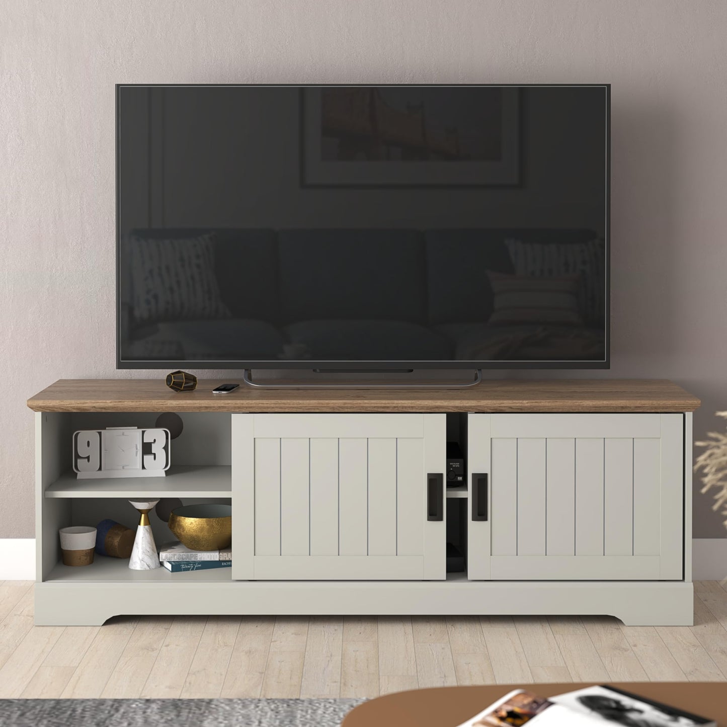 Galano Edison Wide TV Unit, Entertainment Centre for up to 65" TV, 150cm TV Unit with 2 Sliding Doors, TV Stand Cabinet for Living Room, Large Storage (Light Grey/Oak)