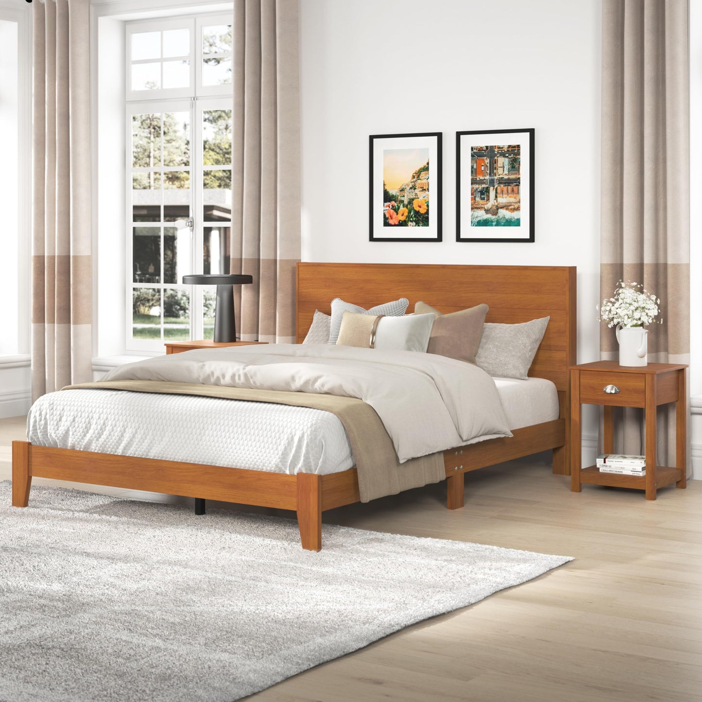 Galano Payne Queen Wood Bed Frame with Headboard & Set of 2 Nightstands, Fit 60'' x 80'' Mattress with Wood Slat Support, No Box Spring Needed, 64.2" L x 85.3" W x 40.1" H, Dusty Grey Oak