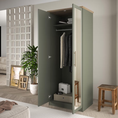 Galano Cleverton 2 Door Wardrobe with Mirror - Stylish & Sturdy Wardrobe with Bar Gold Metal Handle - Bedroom Furniture Unit with Hanging Rail Storage (Dark Green/Oak)