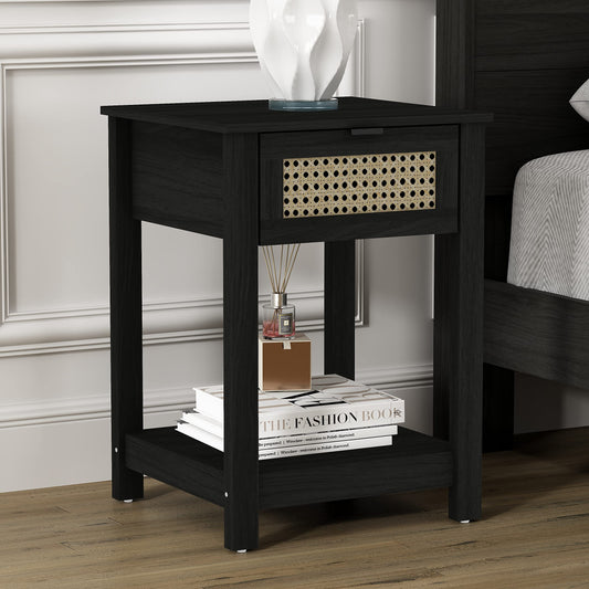 Galano Idiana Nightstand, Bedside Table with Rustic Design Drawer, Night Stand for Bedroom, Open Shelf Storage End Table, 15.35" D x 16.54" W x 23.03" H, Black