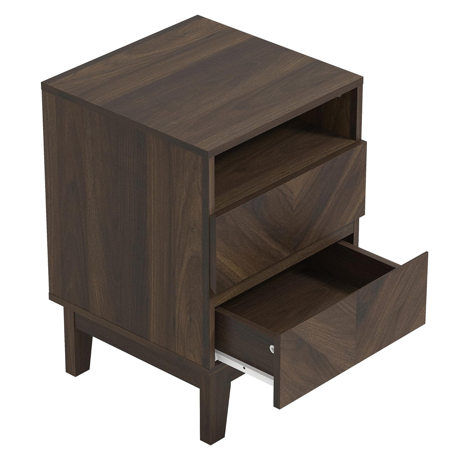 Galano Hanwell 2 Drawer Side Table, Stylish Fishborne Design End Table with Drawer Open Shelf Stable Sturdy Engineered Wooden Nightstand Storage for Small Spaces/Living Room/Bedroom (Walnut)