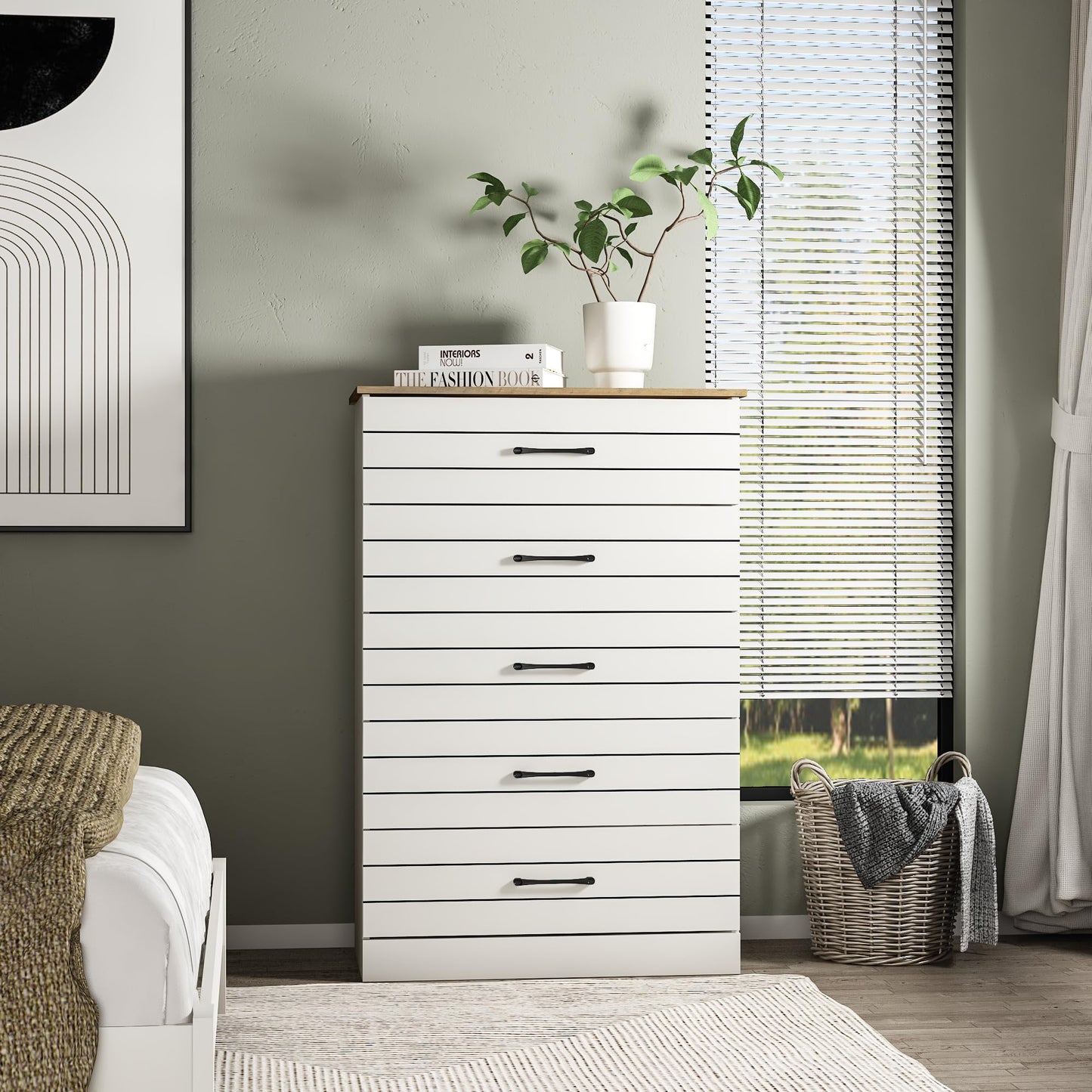 Galano Elis Wooden 5 Drawer Dresser for Bedroom with Interlock, Modern Storage Chest for Nursery and Children Room, 15.8" D x 31.5" W x 47.2" H, Dusty Grey Oak