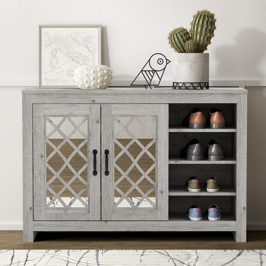 Galano Millicent 16 Pair Shoe Storage Cabinet, Freestanding Organizer with Acrylic Mirror Doors for Entryway, Narrow Shoe Rack Cabinet, 13.39" D x 44.29" W x 30" H, Mexican Grey