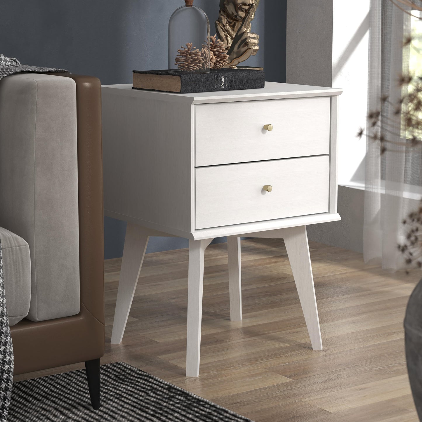 Galano Abby Bedside Table - Stylish 2 Drawer Bedside - Side Table with Storage - Storage Cabinet for Hallway - Entryway or Bedroom (Light Grey/Oak)