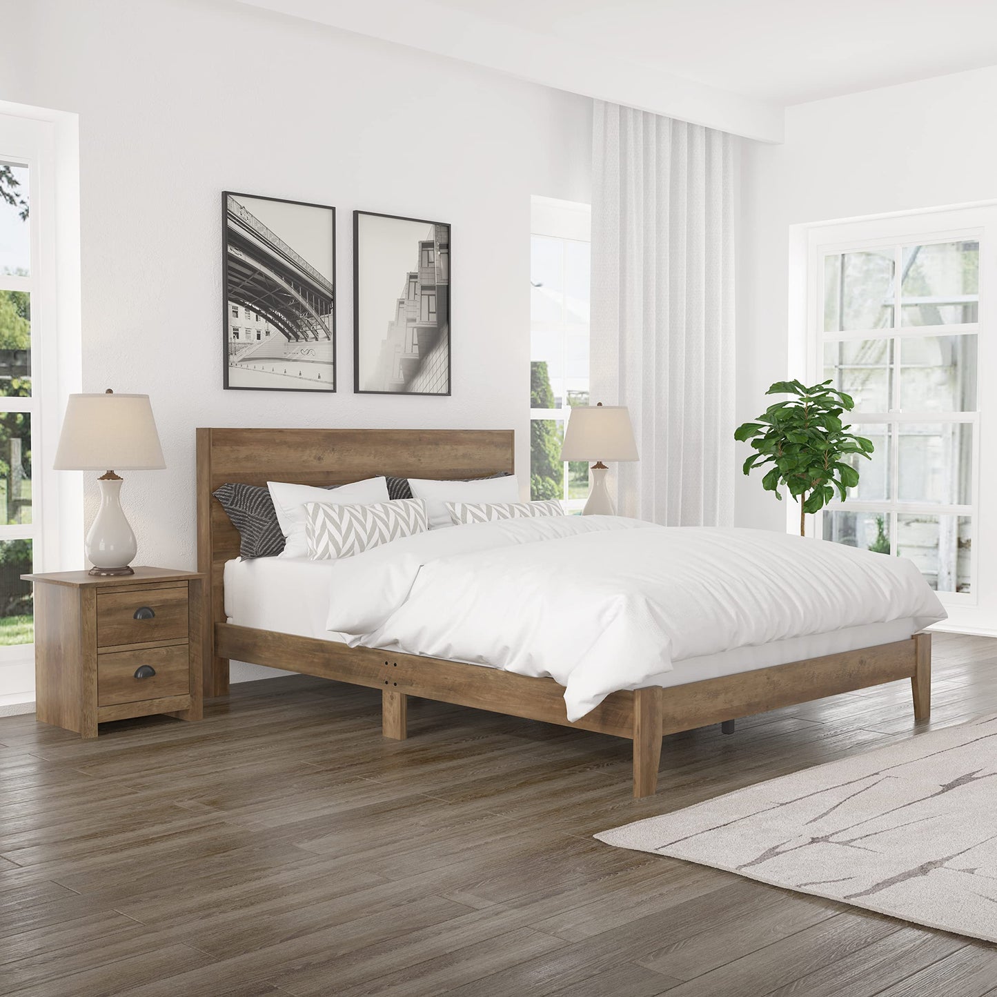 Galano Payne Wood Platform Queen Bed Frame with Headboard, Mattress Foundation with Wood Slat Support, No Box Spring Needed, 64.17" D x 85.31" W x 40.15" H, Knotty Oak