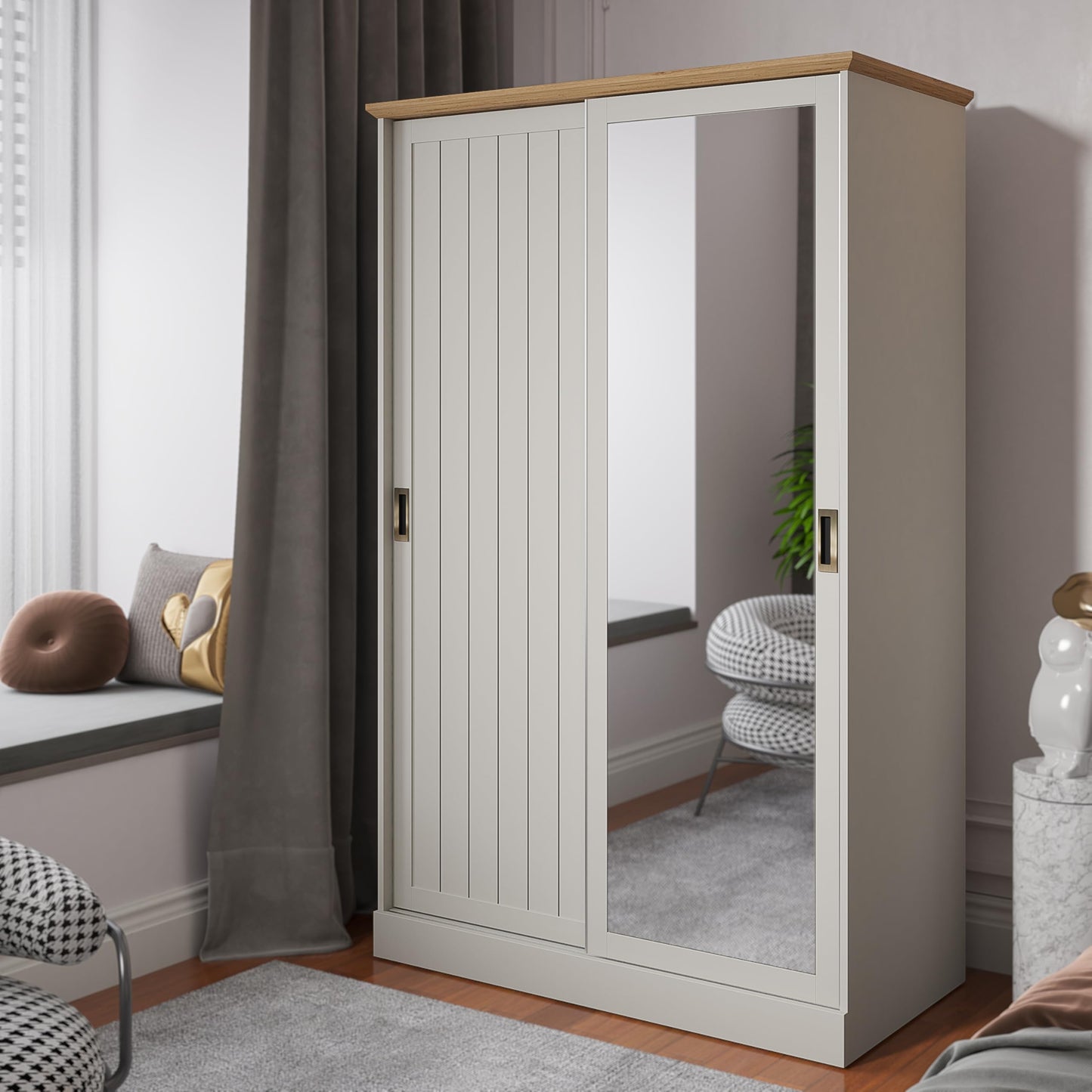 Galano Durban 2 Door Sliding Wardrobe with Mirror - Space Saving Stylish and Sturdy 2 Door Minimalist Wardrobe - Bedroom Furniture Unit with Hanging Rail Storage (White/Oak)