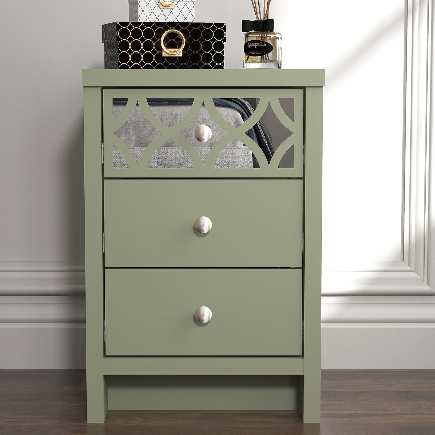 Galano Iris 3 Drawer Bedside - Modern Cabinet with 1 Mirrored Drawers - Organizers and Storage for Bedroom – Console for Entryway - Hallway or Living Room - Sage Green