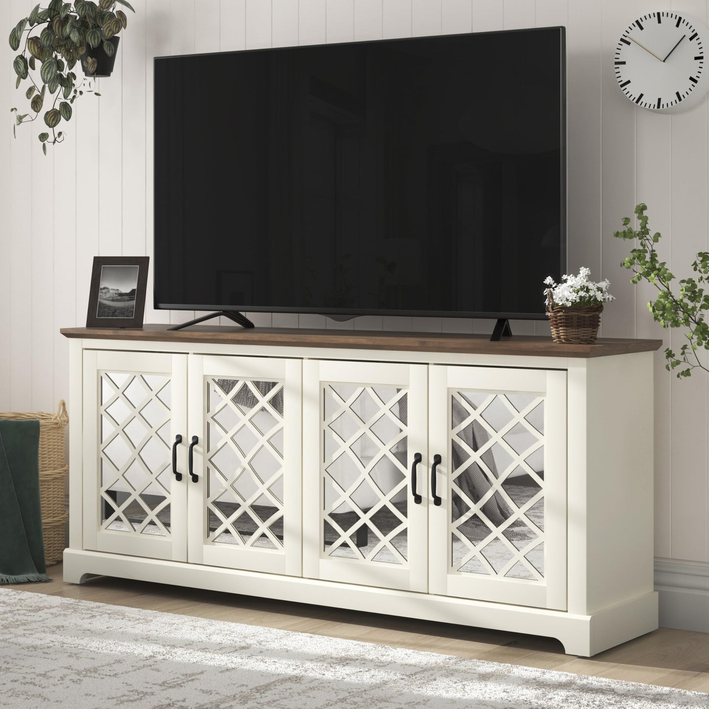 Galano Millicent 75 Inch TV Stands for Living Room with Storage, 17.1" D x 68.2" W x 29.3" H, Ivory Knotty Oak