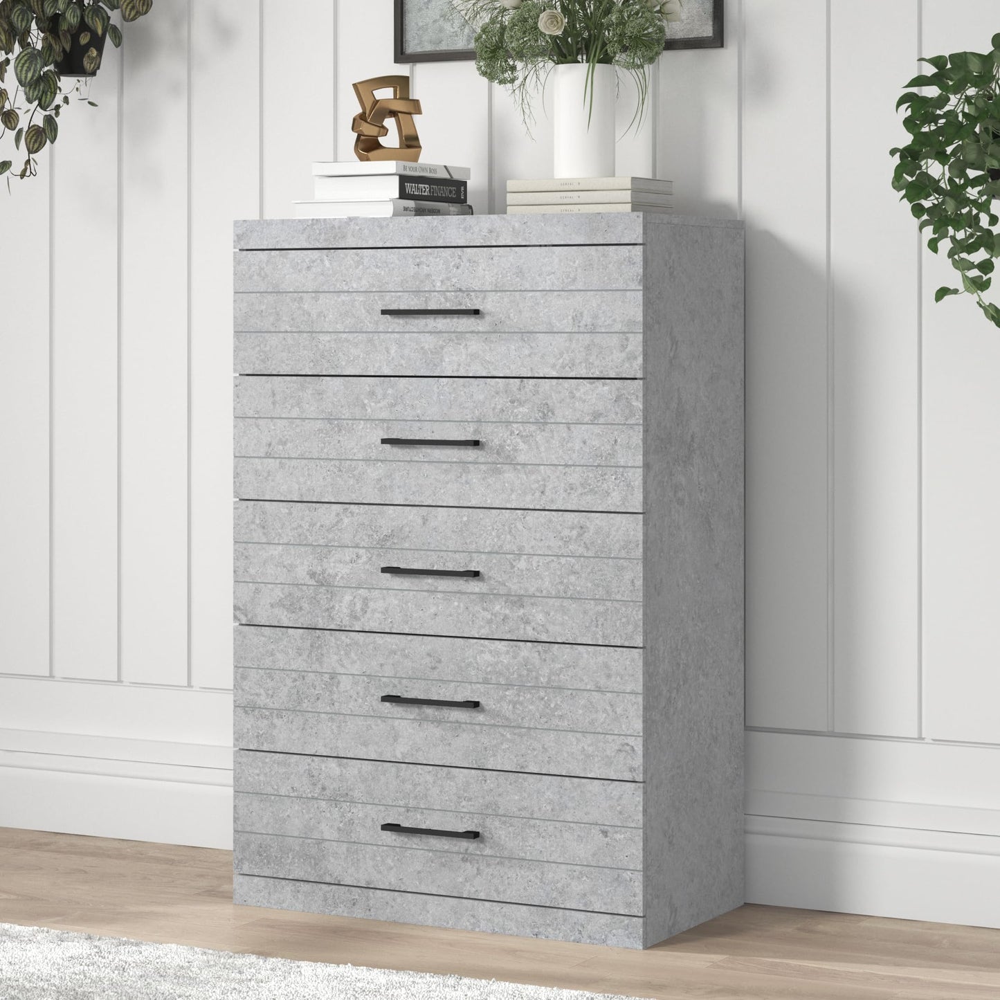 Galano Elis Wooden 5 Drawer Dresser for Bedroom with Interlock, Modern Storage Chest for Nursery and Children Room, 15.8" D x 31.5" W x 47.2" H, Dusty Grey Oak