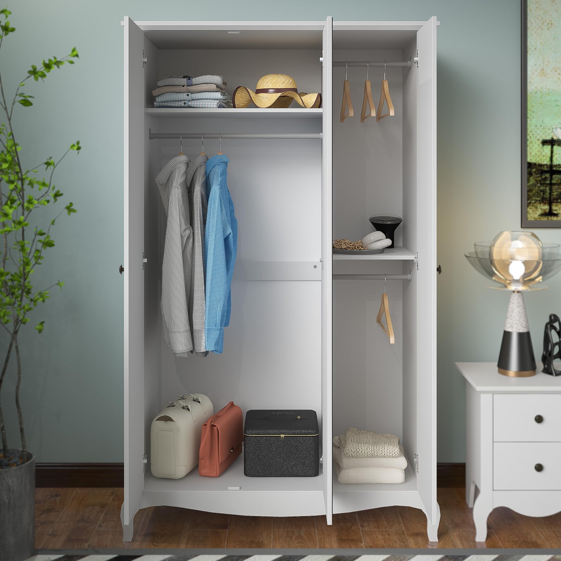 Galano Stella 3 Door Wardrobe with Mirror - Stylish & Sturdy Wardrobe with Bar Gold Metal Handle - Bedroom Furniture Unit with Hanging Rail Storage (White,)