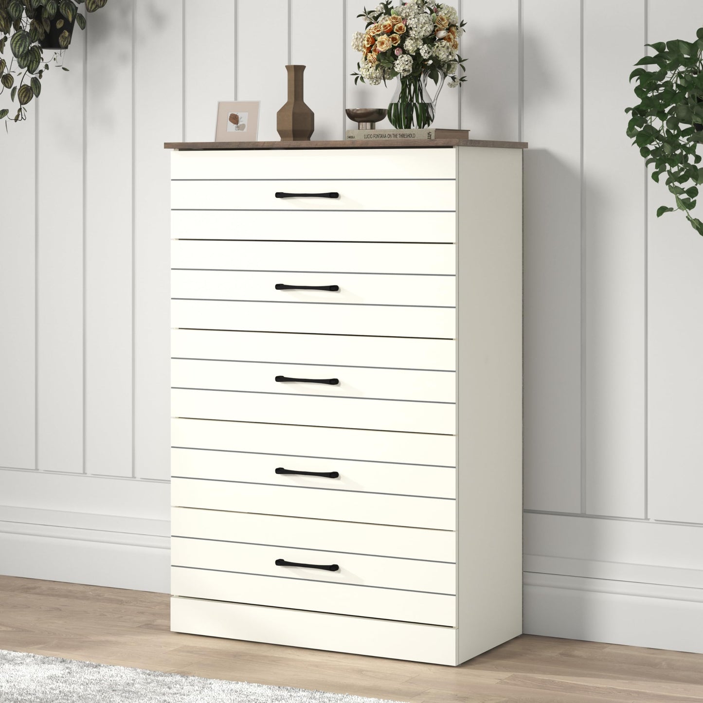 Galano Elis Wooden 5 Drawer Dresser for Bedroom with Interlock, Modern Storage Chest for Nursery and Children Room, 15.8" D x 31.5" W x 47.2" H, Dusty Grey Oak