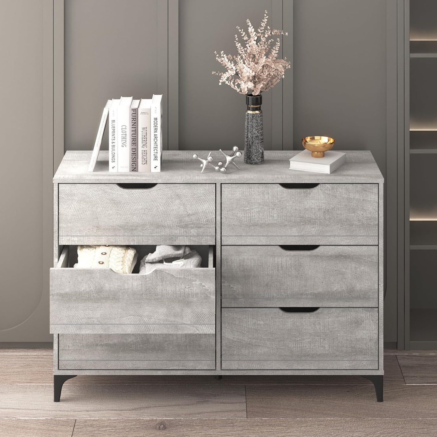 Galano Lilay Wooden 6 Drawer Dresser Interlock for Bedroom, Wide Chest of Drawers for Children and Nursery, Closet Organizer Storage for Kids, 15.7" D x 46.5" W x 31.7" H, Dusty Grey Oak