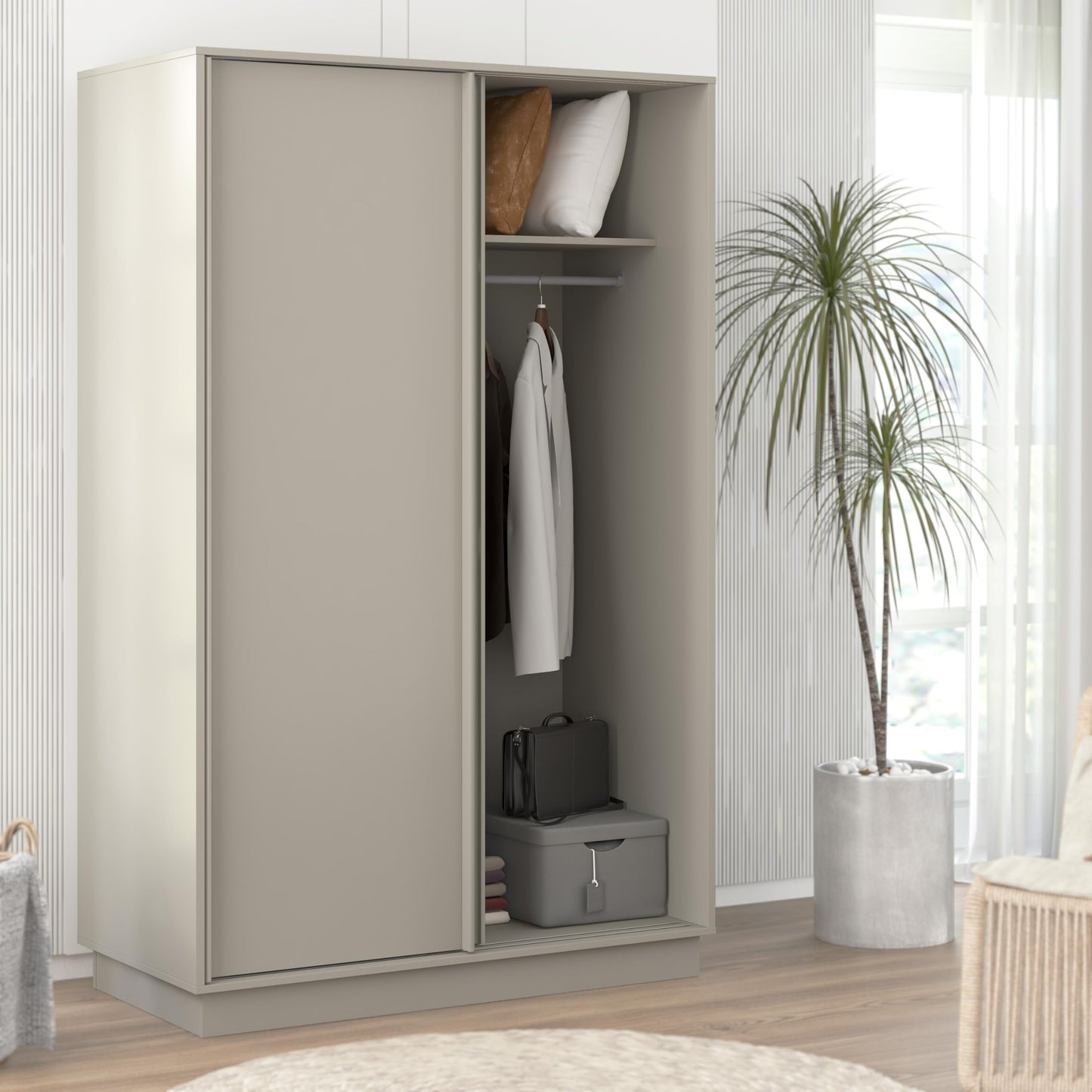 Galano Auron 2 Door Sliding Wardrobe - Space Saving Stylish and Sturdy 2 Door Wardrobe - Bedroom Furniture Unit with Hanging Rail Storage (Light Grey)