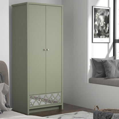 Galano Iris 2 Door 1 Drawer Wardrobe - Bedroom Furniture Unit with Hanging Rail Storage and Drawer, Wardrobe Storage Organizer - Sage Green