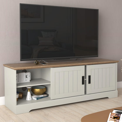 Galano Edison Wide TV Unit, Entertainment Centre for up to 65" TV, 150cm TV Unit with 2 Sliding Doors, TV Stand Cabinet for Living Room, Large Storage (Light Grey/Oak)