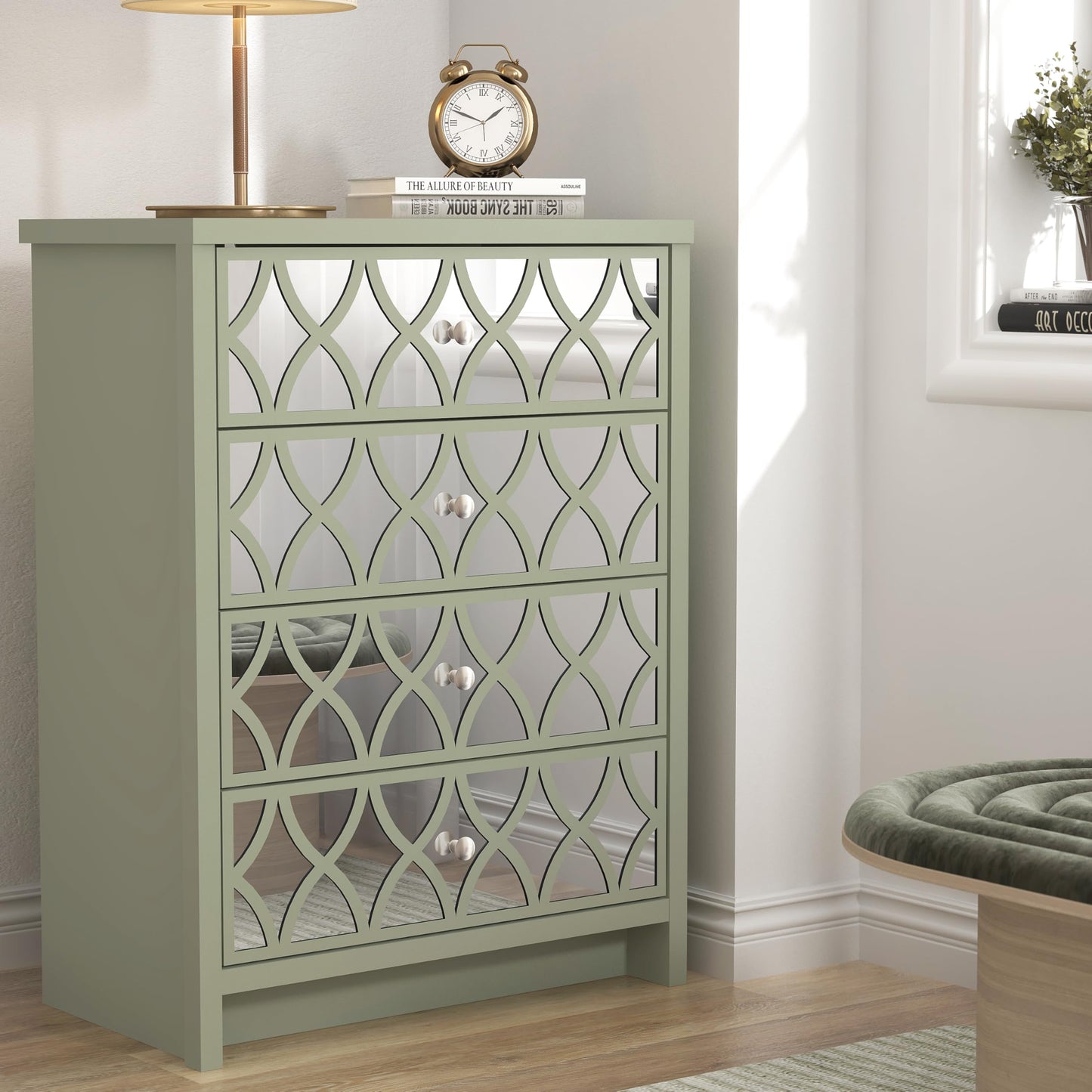 Galano Iris 4 Drawer Chest - Modern Cabinet with 4 Mirrored Drawers - Organizers and Storage for Bedroom – Console for Entryway - Hallway or Living Room - Sage Green