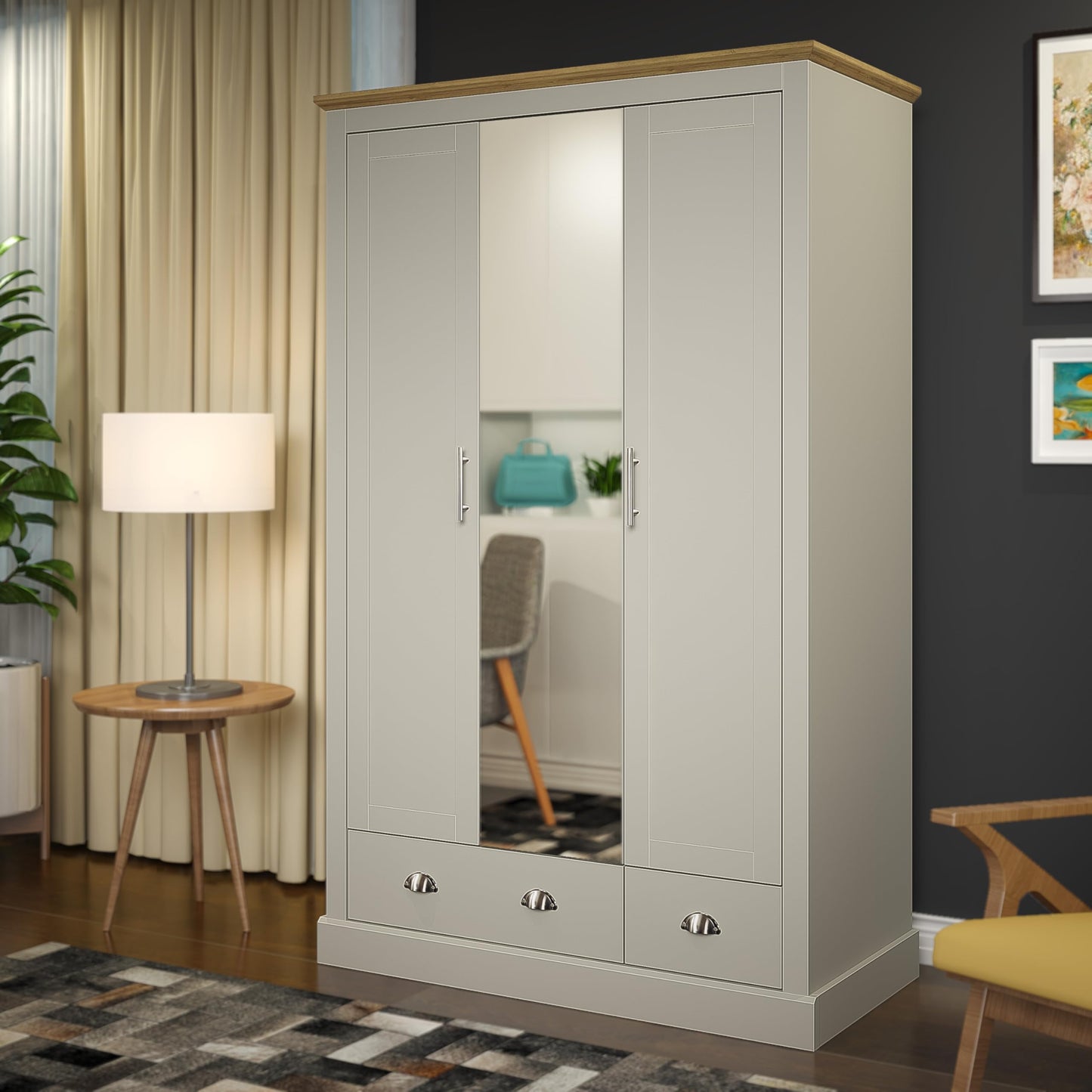 Galano Sufy 3 Door 2 Drawer Wardrobe with Mirror - Minimalist Wardrobe - Bedroom Furniture Unit with Hanging Rail Storage and Drawer - Wardrobe Storage - W112.5 x D56.3 x H181.5cm (White)