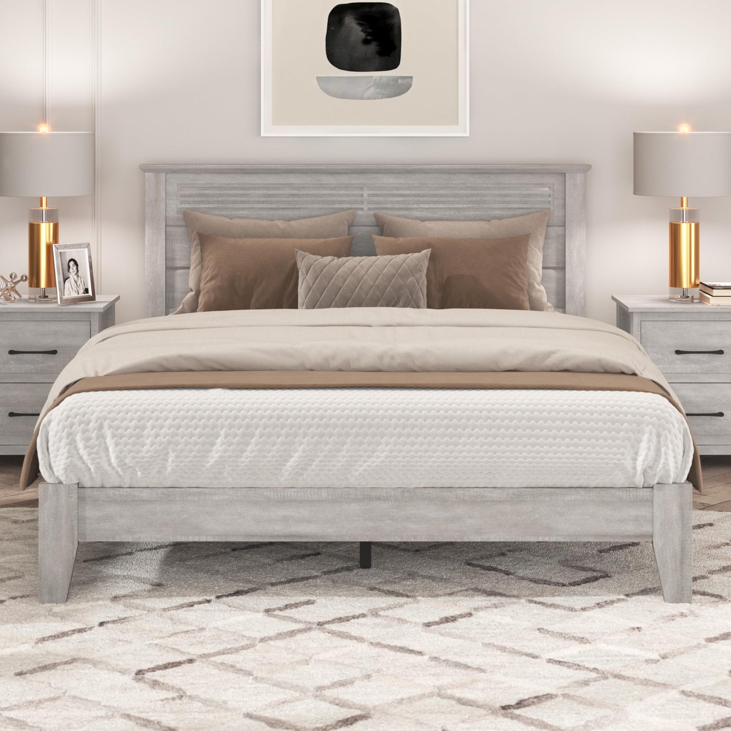 Galano Tiena Louvered Wood Platform Queen Bed Frame with Headboard, Mattress Foundation with Wood Slat Support, No Box Spring Needed, 65.75" L x 85.35" W x 40.16" H, Dusty Grey Oak