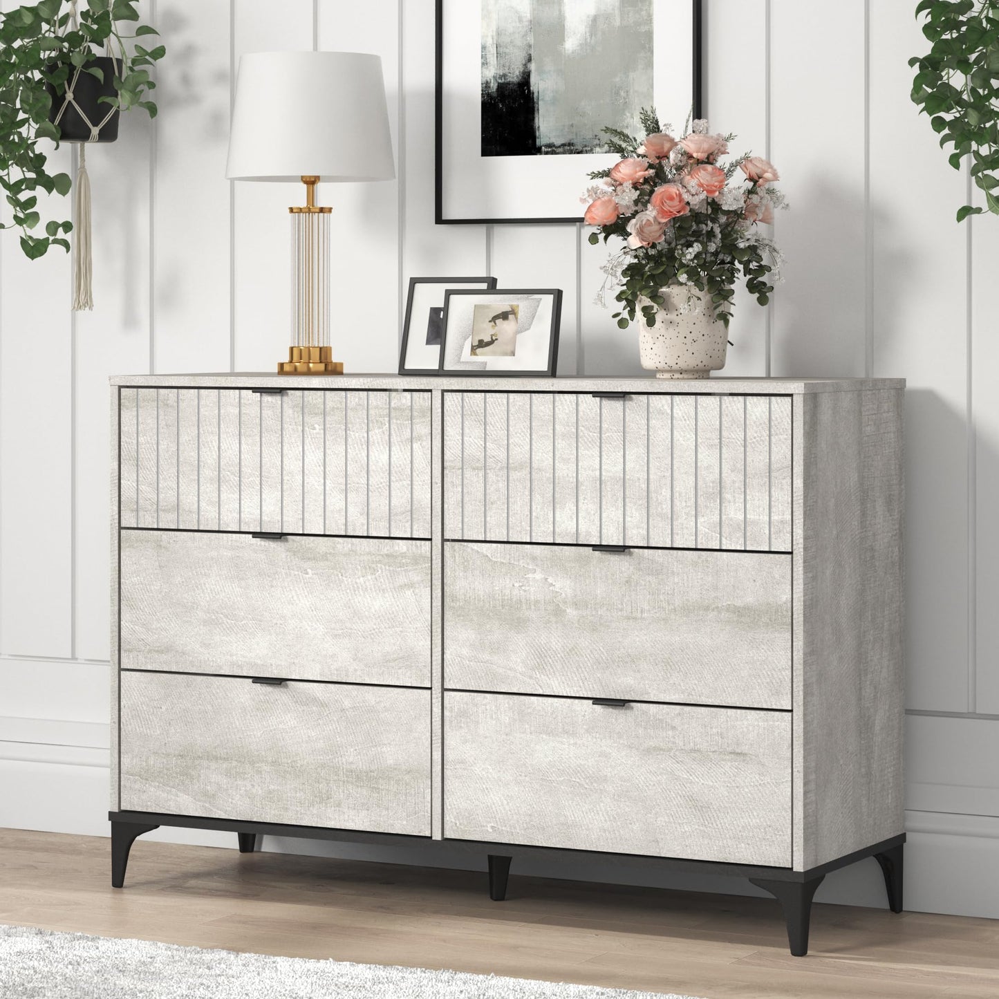 Galano Avaro Wooden 6 Drawer Dresser Interlock for Bedroom, Wide Chest of Drawers for Children and Nursery, Closet Organizer Storage for Kids, 15.7" D x 45.4" W x 32.0" H, Dusty Grey Oak