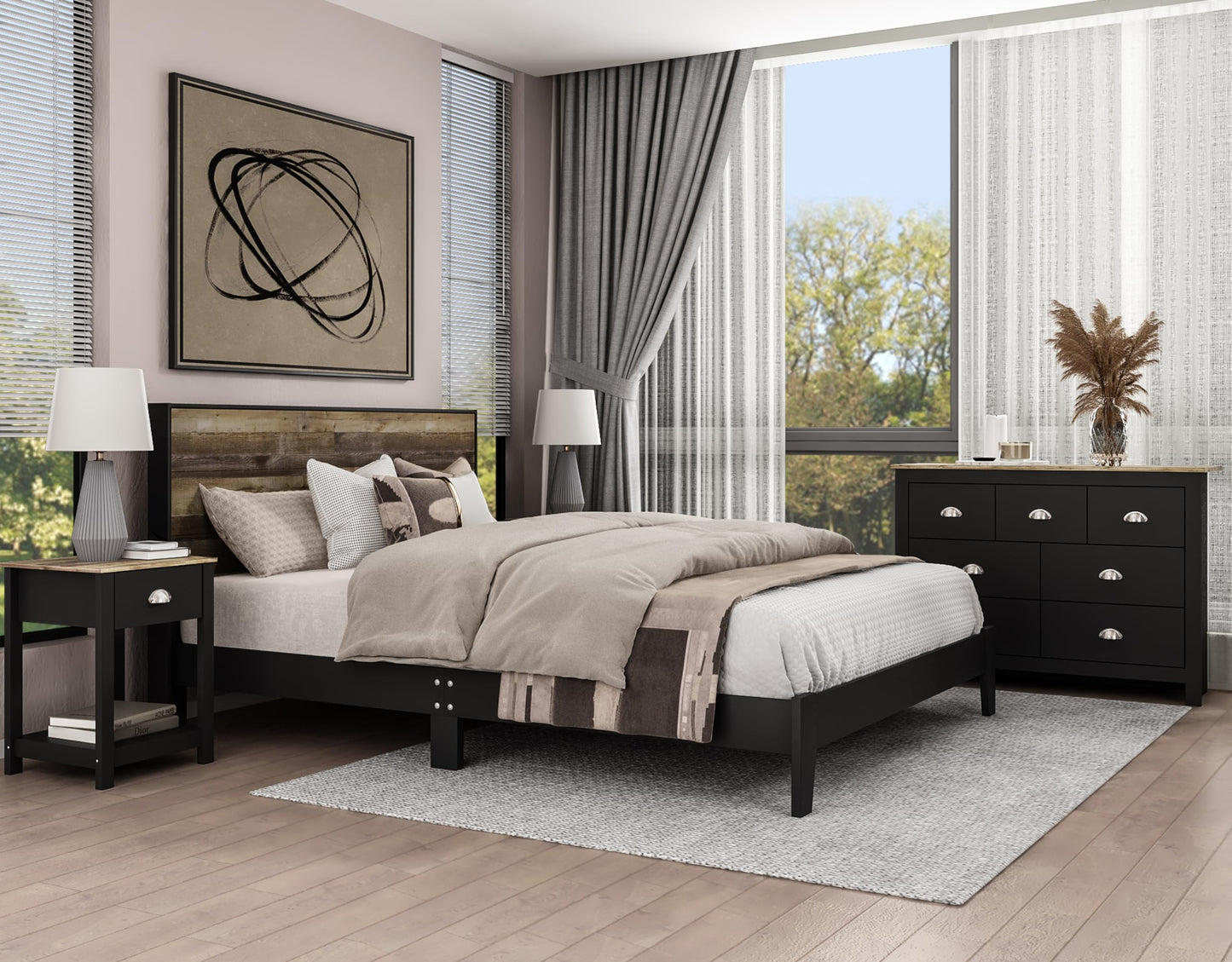 Galano Payne Queen Wood Bed Frame with Headboard & Set of 2 Nightstands, Fit 60'' x 80'' Mattress with Wood Slat Support, No Box Spring Needed, 64.2" L x 85.3" W x 40.1" H, Dusty Grey Oak