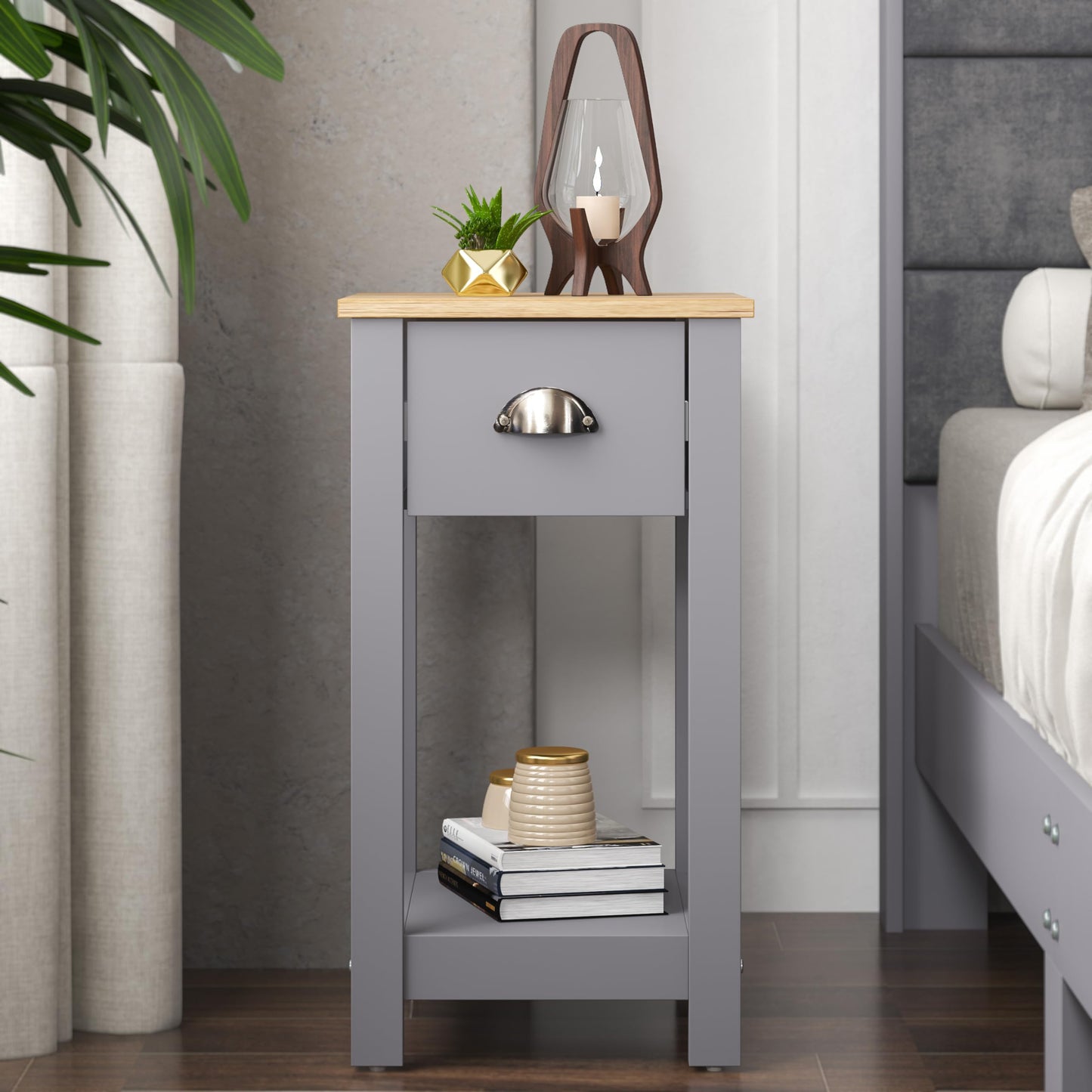 Galano Lilly Bedside Table - Stylish Bedside and Slim Bedside Table - Side Table with Storage - Organizers and Storage Cabinet for Hallway - Entryway or Bedroom (Cool Grey + Beaufort Oak)