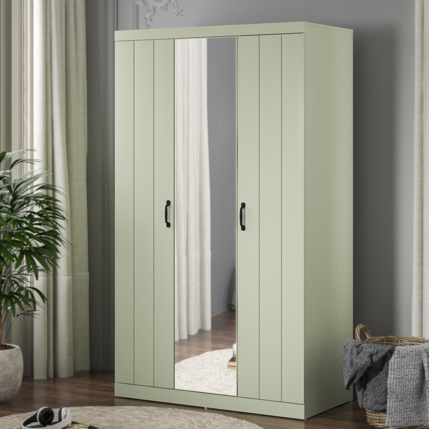 Galano Allington 3 Door Wardrobe with Mirror - Stylish & Sturdy Wardrobe - Bedrrom Furniture with Hanging Rail Storage (Light Green)