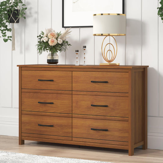 Galano Kellie Wooden 6 Drawer Dresser for Bedroom with Interlock, Modern Storage Chest Dresser for Nursery and Children, Wide Closet Organizer for Kids, 15.8" D x 47.2" W x 31.0" H, Amber Walnut