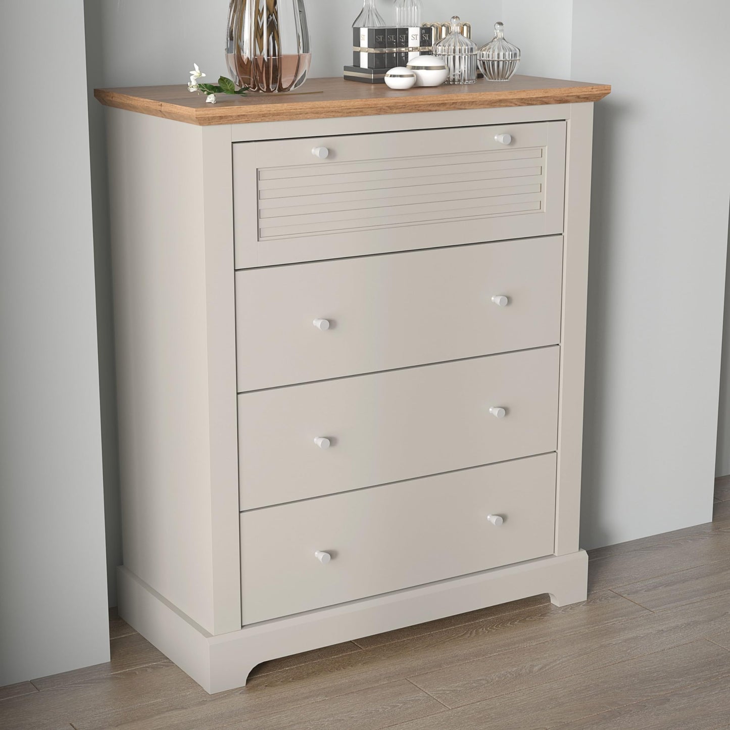 Galano Milan 4 Drawer Chest - Chest of Drawer with Storage for Bedroom - Organizers and Storage Cabinet for Hallway - Entryway or Living Room (Light Grey/Oak)