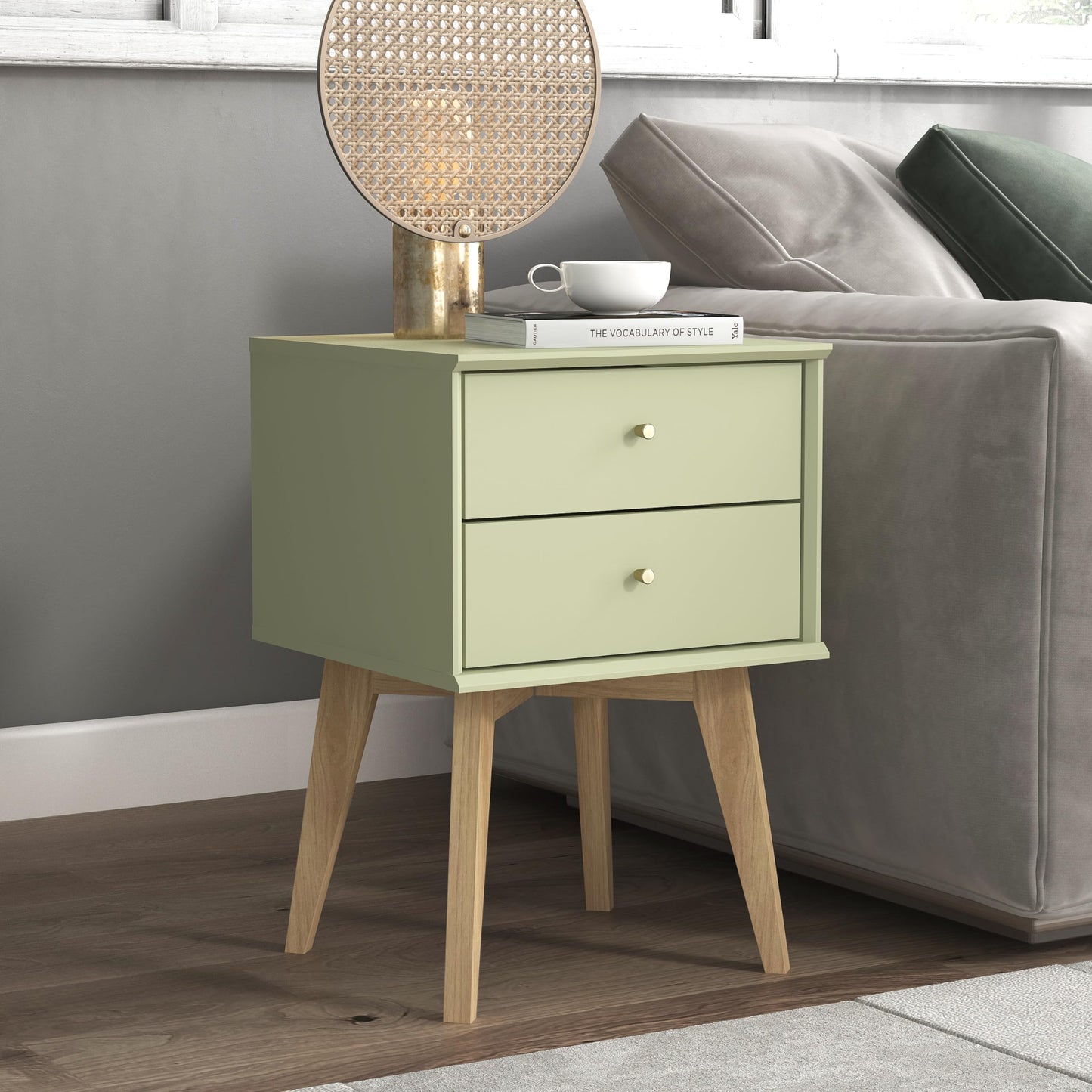 Galano Abby Bedside Table - Stylish 2 Drawer Bedside - Side Table with Storage - Storage Cabinet for Hallway - Entryway or Bedroom (Light Grey/Oak)