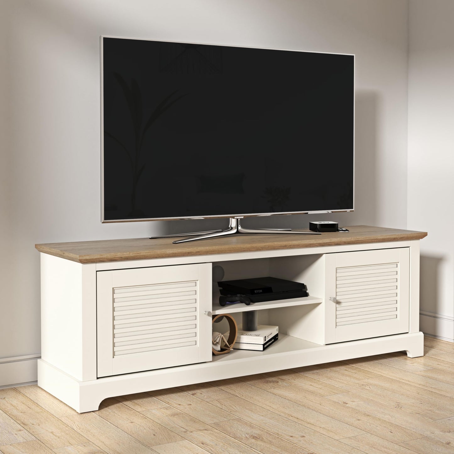 Galano Milan Wide TV-Einheit, Entertainment-Center für bis zu 65 Zoll große Fernseher, 150 cm TV-Einheit mit 2 Türen, TV-Ständerschrank für Wohnzimmer, viel Stauraum (Elfenbein/Eiche)