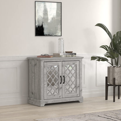 Galano Millicent 2 Door Sideboard, Buffet Cabinet with Acrylic Mirror Doors, 15.7" D x 32.4" W x 29.3" H, Dusty Grey Oak