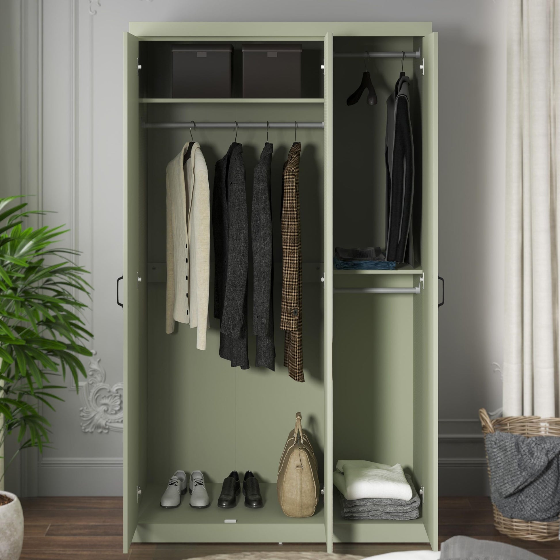 Galano Allington 3 Door Wardrobe with Mirror - Stylish & Sturdy Wardrobe - Bedrrom Furniture with Hanging Rail Storage (Light Green)