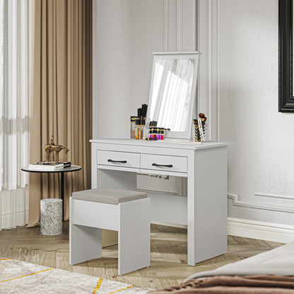 Galano Limestone Dressing Table with Mirror and Cushioned Stool - Bedroom Large Vanity Makeup Table with Drawer Storage – Console Table for Home Hallway and Living (Light Grey)