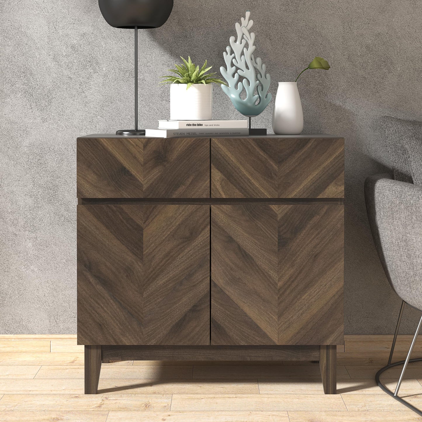 Galano Hanwell Sideboard mit 2 Türen und 2 Schubladen – Schrank-Aufbewahrungs-Organizer für Ihr Zuhause – Aufbewahrungs-Sideboard – verstellbare Regale (Walnuss)