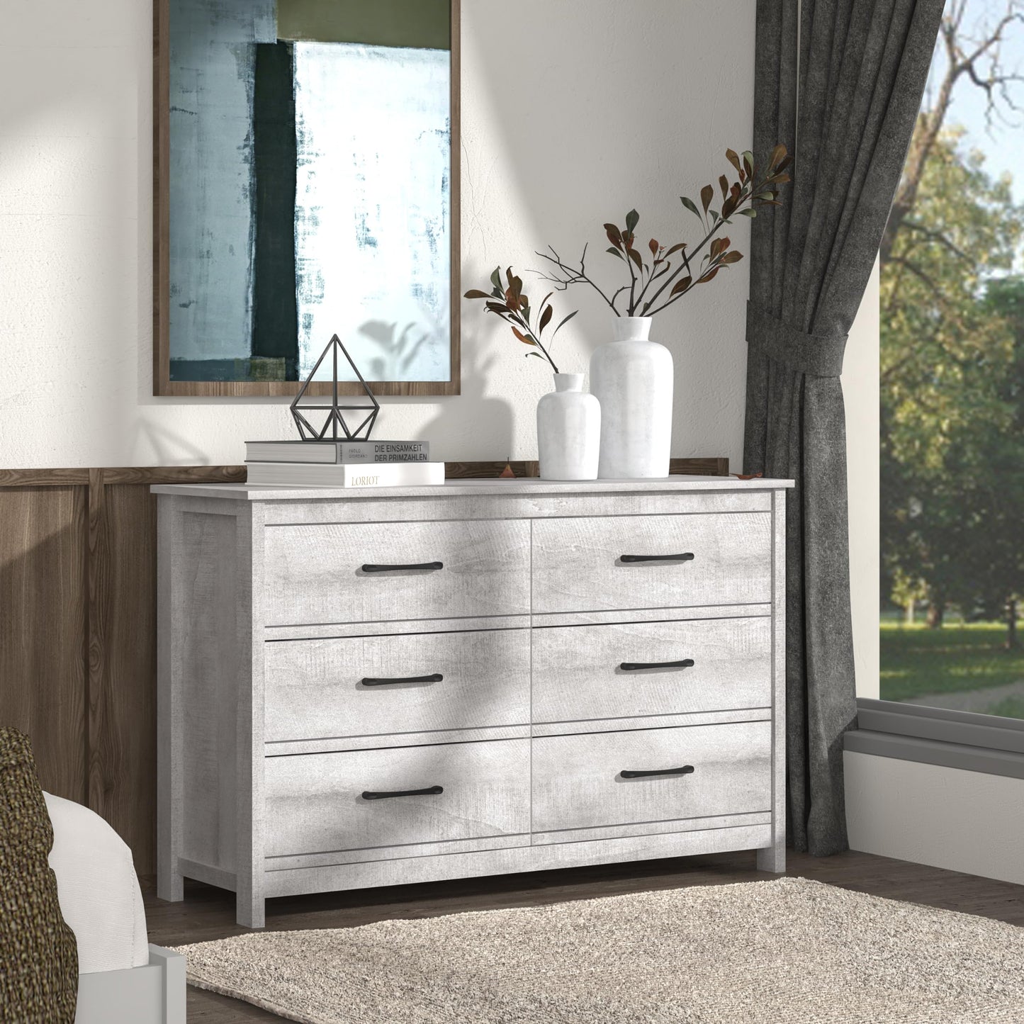 Galano Kellie Wooden 6 Drawer Dresser for Bedroom with Interlock, Modern Storage Chest Dresser for Nursery and Children, Wide Closer Organizer for Kids, 15.8" D x 47.2" W x 31.0" H, Dusty Grey Oak