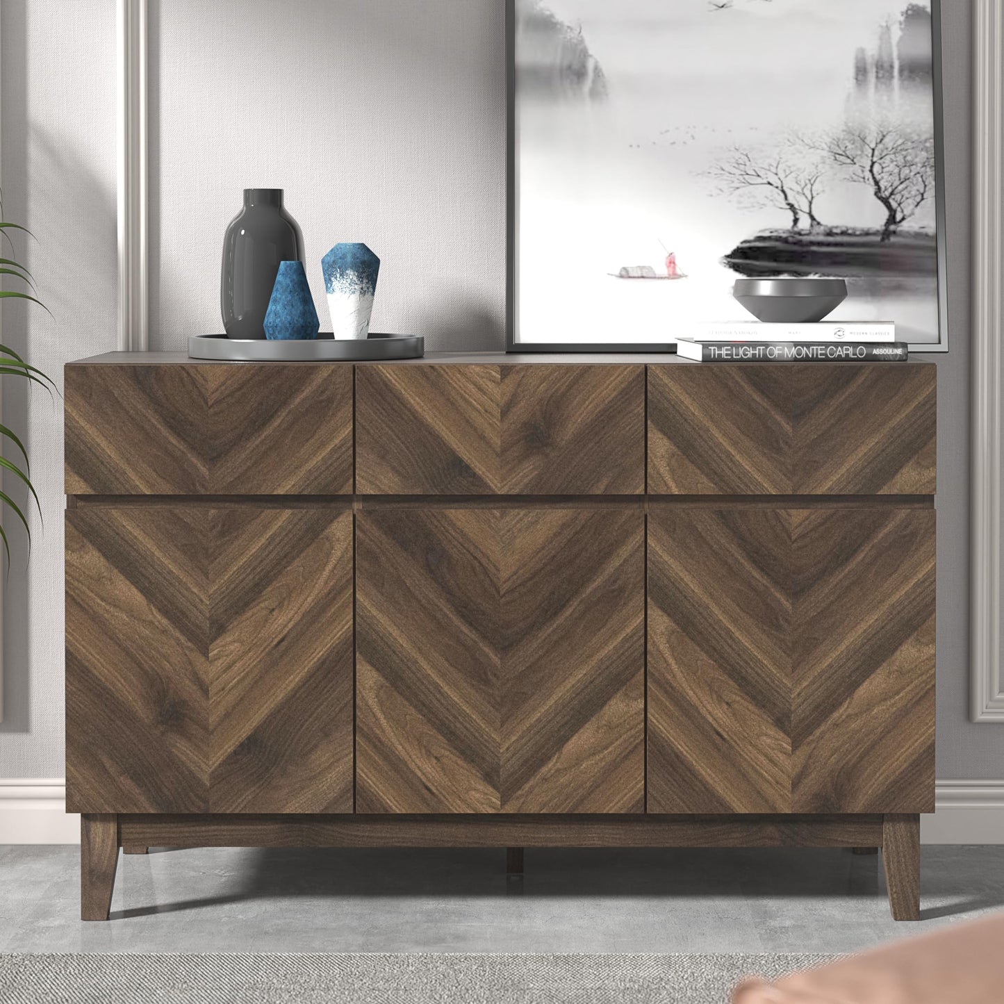 Galano Hanwell Sideboard mit 3 Türen und 3 Schubladen – Schrank-Aufbewahrungs-Organizer für Ihr Zuhause – Aufbewahrungs-Sideboard – verstellbare Regale (Walnuss)